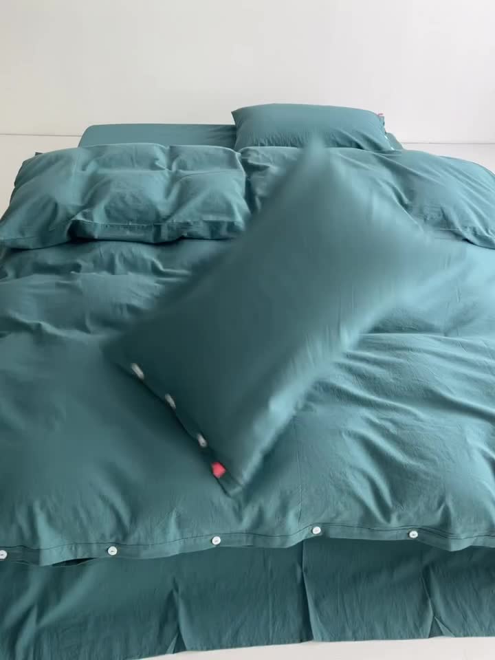 91家纺网 家纺一手货源 找家纺 安莱生活 2023年水洗棉全棉色经色纬高支高密纽扣款工艺四件套 筠雾