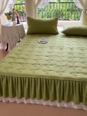 91家纺网 家纺一手货源 找家纺 尊康家纺（原磊科） 2024新款金铃花系列亲肤奶昔白夹棉花边款床笠 金铃花-嫩绿
