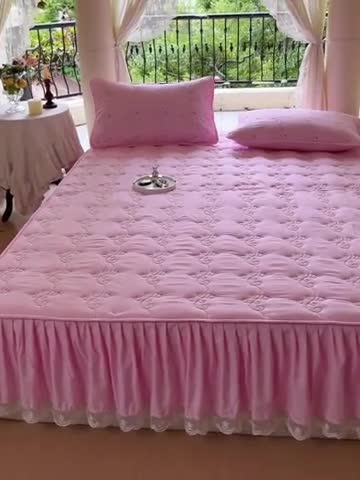 91家纺网 家纺一手货源 找家纺 尊康家纺（原磊科） 2024新款金铃花系列亲肤奶昔白夹棉花边款床笠 金铃花-豆沙粉