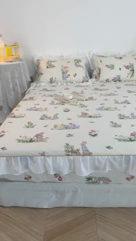 91家纺网 家纺一手货源 找家纺 简宜家居 2023新款40支纯棉小清新A版花边床笠 花园兔