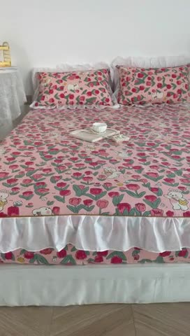 91家纺网 家纺一手货源 找家纺 简宜家居 2023新款40支纯棉小清新A版花边床笠 蔷薇兔