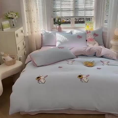 91家纺网 家纺一手货源 找家纺 丝印良品 2023新款专版水洗棉麻毛巾绣四件套 兔宝贝-兰