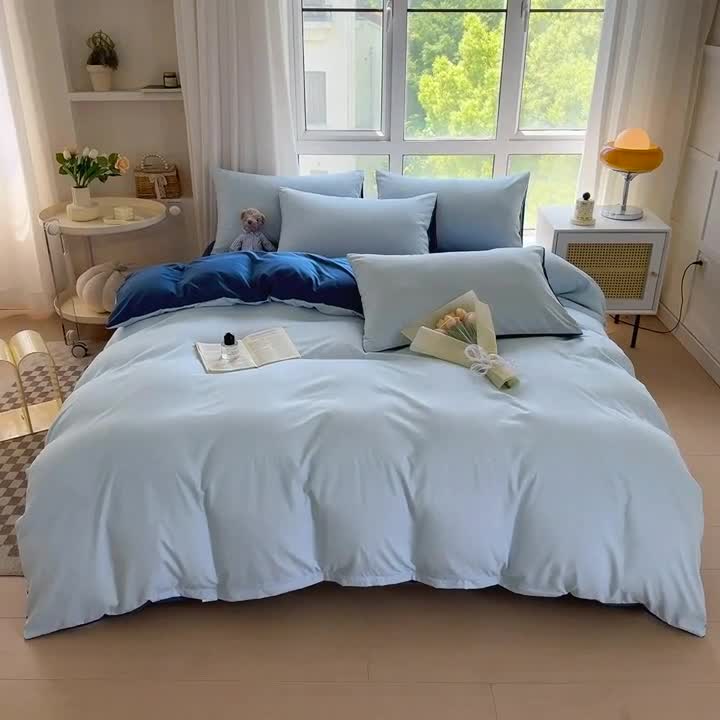91家纺网 家纺一手货源 找家纺 赫然家纺 2026新款纯色磨毛系列床单款四件套 天蓝+海蓝