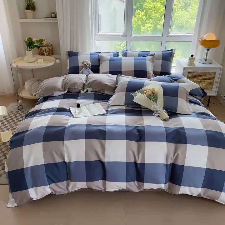 91家纺网 家纺一手货源 找家纺 赫然 130g生态长绒棉贡棉植物羊绒加厚斜纹磨毛四件套 蓝大格