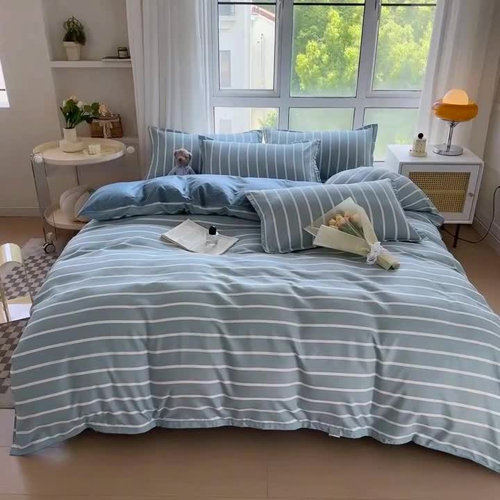 91家纺网 家纺一手货源 找家纺 赫然 130g生态长绒棉贡棉植物羊绒加厚斜纹磨毛四件套 蓝宽条