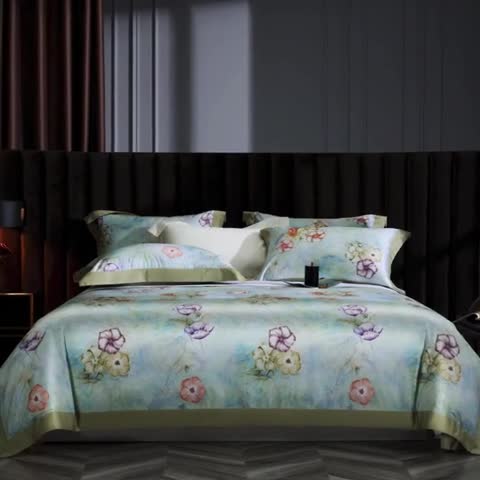 91家纺网 家纺一手货源 找家纺 缔缦 2023新款100s长绒棉拼角款数码印花四件套 旖旎-绿