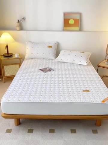 91家纺网 家纺一手货源 找家纺 鑫钰 2023新款防水隔尿全棉纯棉大豆夹棉刺绣床笠直播爆款 优雅白