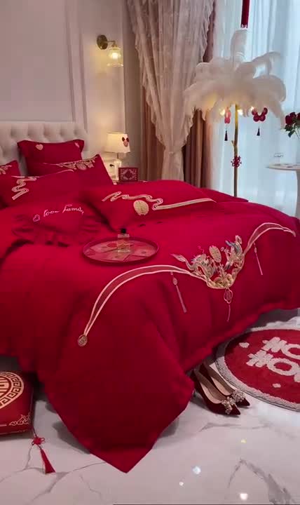 91家纺网 家纺一手货源 找家纺 新款亲肤舒适时尚婚庆四件套系列 欢喜龙凤