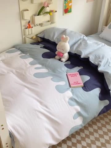 91家纺网 家纺一手货源 找家纺 金鑫汇 2023新款全棉宿舍印花三件套 奶油蓝