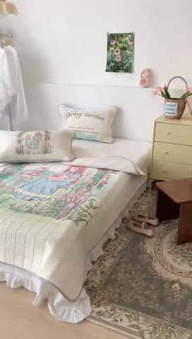 91家纺网 家纺一手货源 找家纺 昔可 2023新款方块绗缝乳胶凉席复古风 英式花园女孩