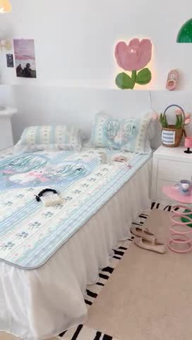 91家纺网 家纺一手货源 找家纺 昔可 2023新款单层雪纺床裙花边款 爱心花花猫