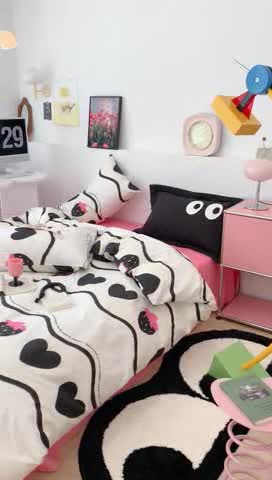 91家纺网 家纺一手货源 找家纺 昔可 2023新款全棉四件套 黑爱心草莓