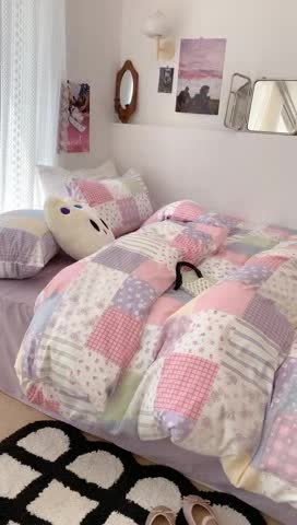 91家纺网 家纺一手货源 找家纺 昔可 2023新款全棉四件套 拼接格子碎花