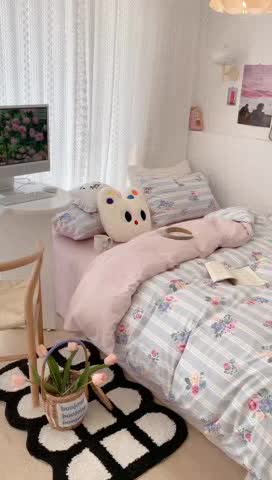 91家纺网 家纺一手货源 找家纺 昔可 2023新款全棉四件套 复古竖条蔷薇花