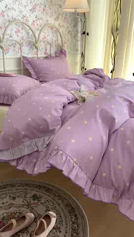 91家纺网 家纺一手货源 找家纺 昔可 2023新款复古波点花边系列四件套 紫底波点