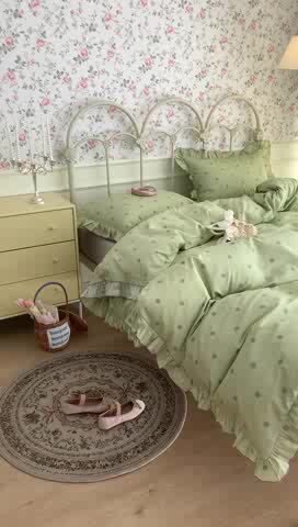 91家纺网 家纺一手货源 找家纺 昔可 2023新款复古波点花边系列四件套 绿底波点