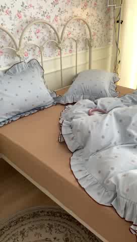 91家纺网 家纺一手货源 找家纺 昔可 2023新款复古波点花边系列四件套 蓝底波点