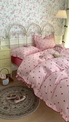 91家纺网 家纺一手货源 找家纺 昔可 2023新款复古波点花边系列四件套 粉玉波点