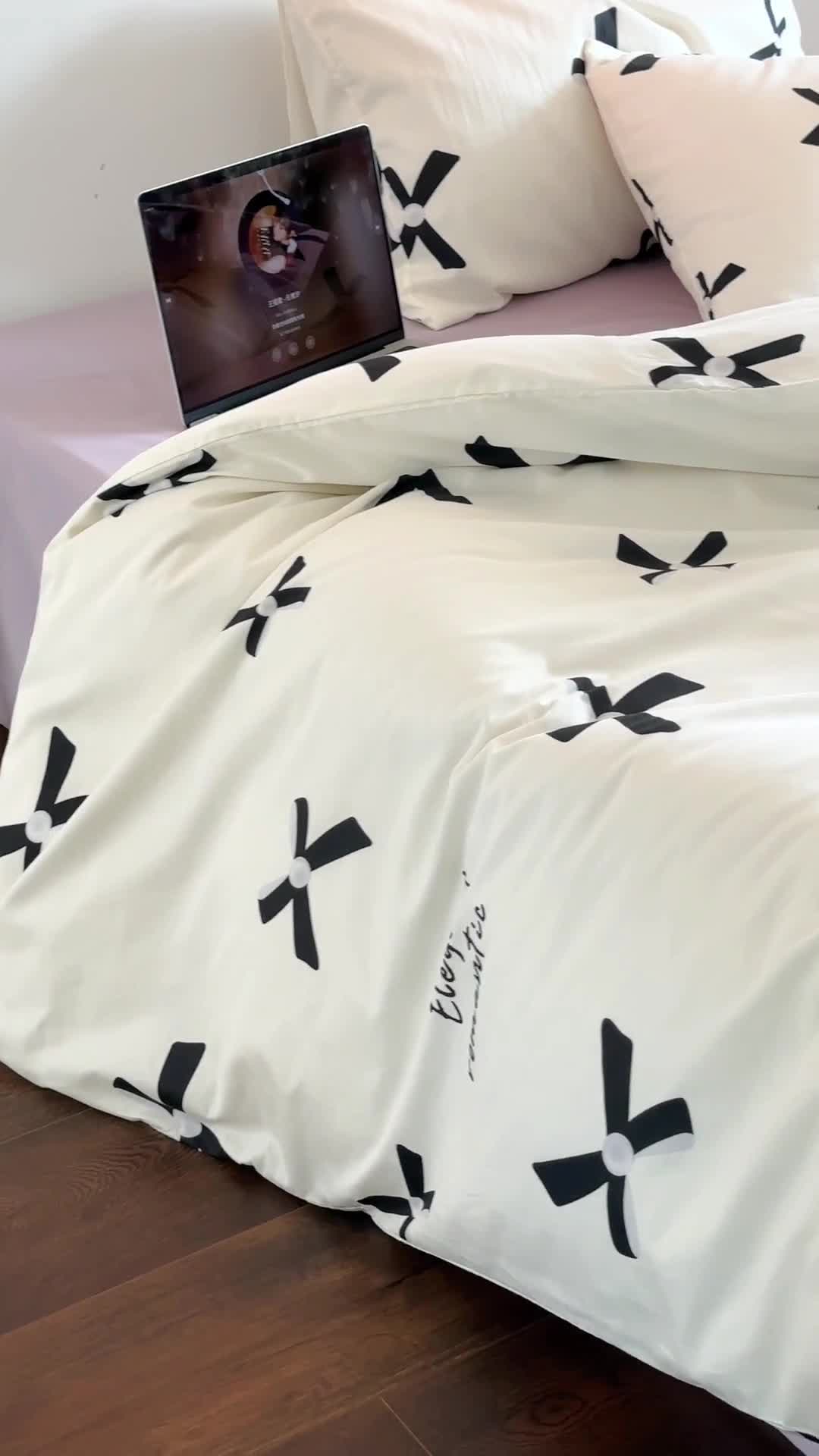 91家纺网 家纺一手货源 找家纺 昔可 2023新款夏日多巴胺全棉四件套 珍珠蝴蝶结