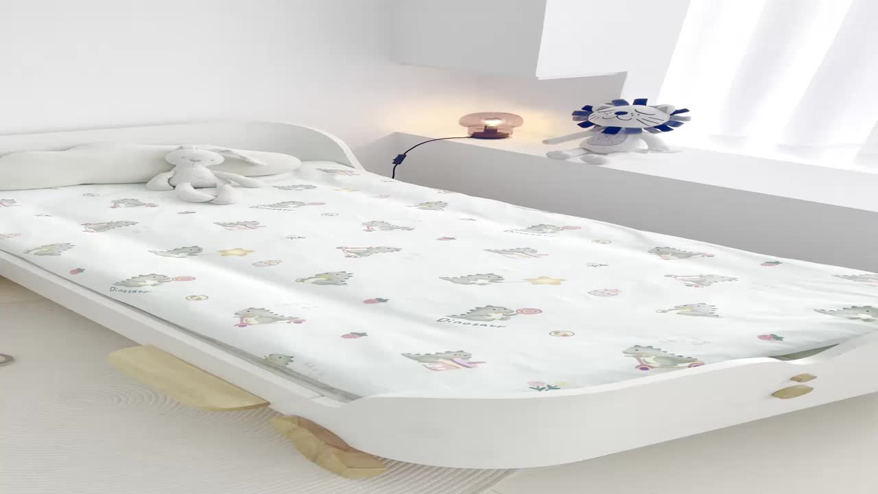 91家纺网 家纺一手货源 找家纺 喜多兔 2023新款40S纯棉印花抗菌床垫 单车恐龙绿色