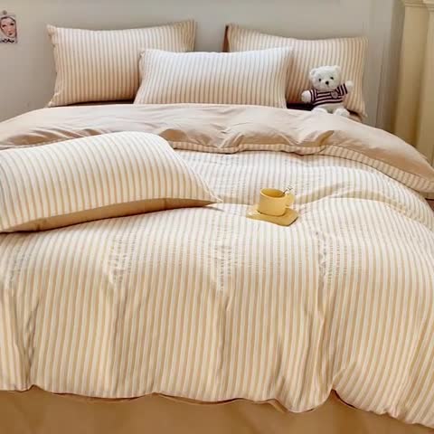 91家纺网 家纺一手货源 找家纺 千朵 2023新款色织条纹四件套 锦瑟卡其