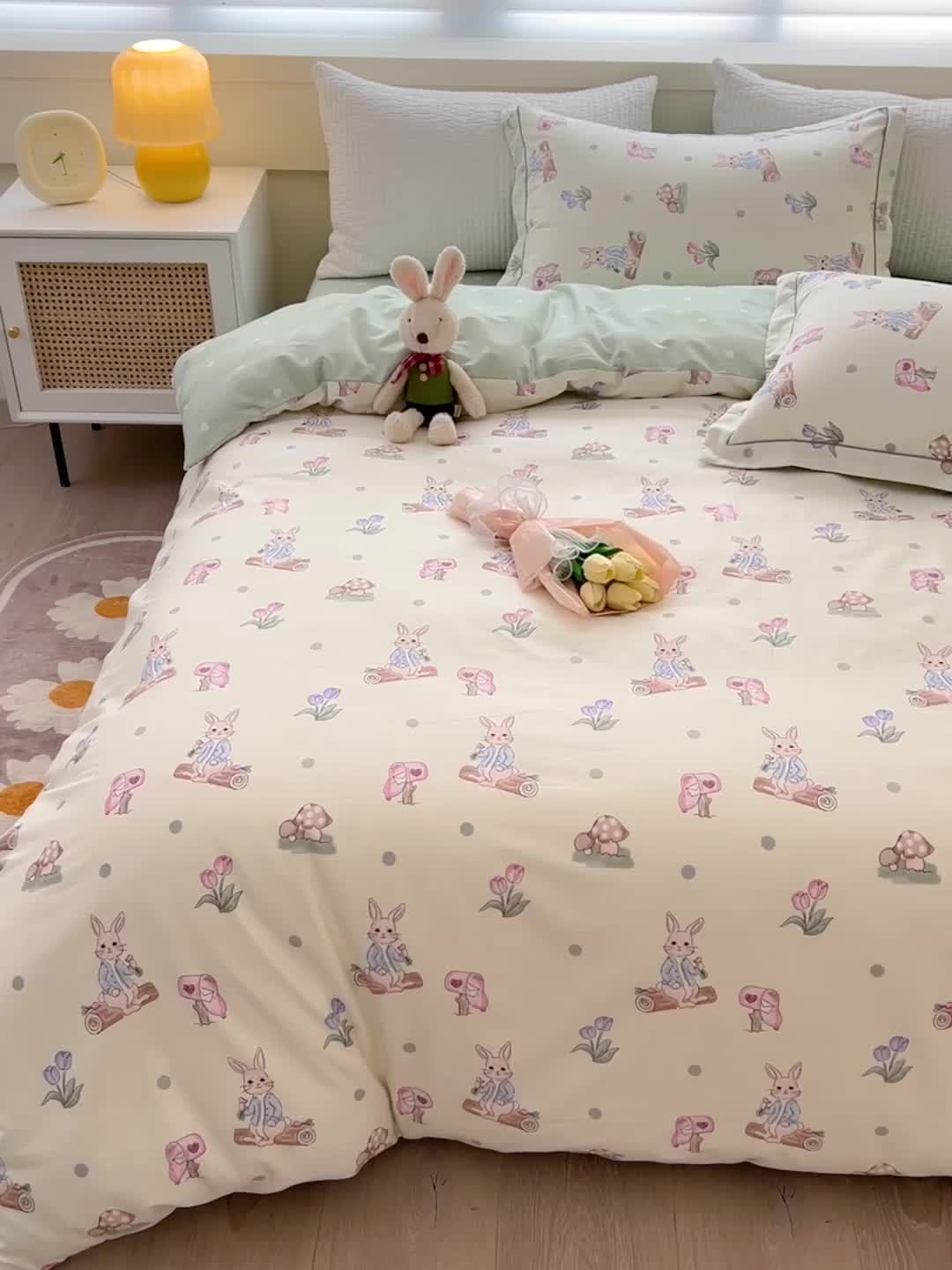 91家纺网 家纺一手货源 找家纺 乐童 2024网红直播爆款吊边＋一字绣工艺款四件套（九） 兔宝