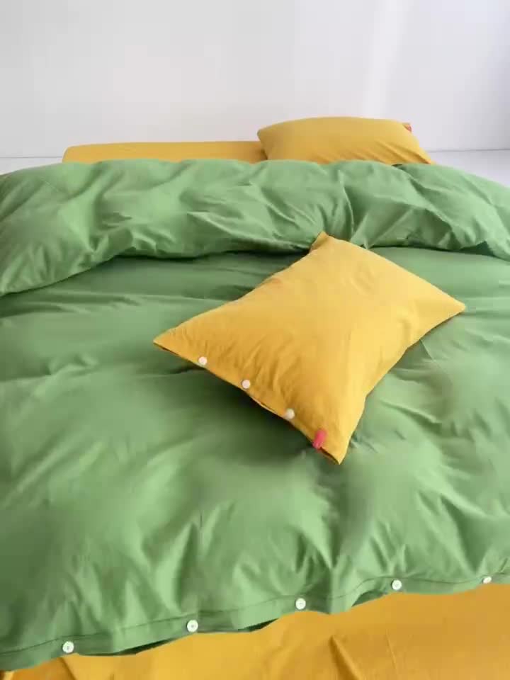 91家纺网 家纺一手货源 找家纺 安莱生活水洗棉全棉色经色纬高支高密纽扣款工艺混搭拼色四件套（系列二） 军绿+姜黄（姜黄姜黄）