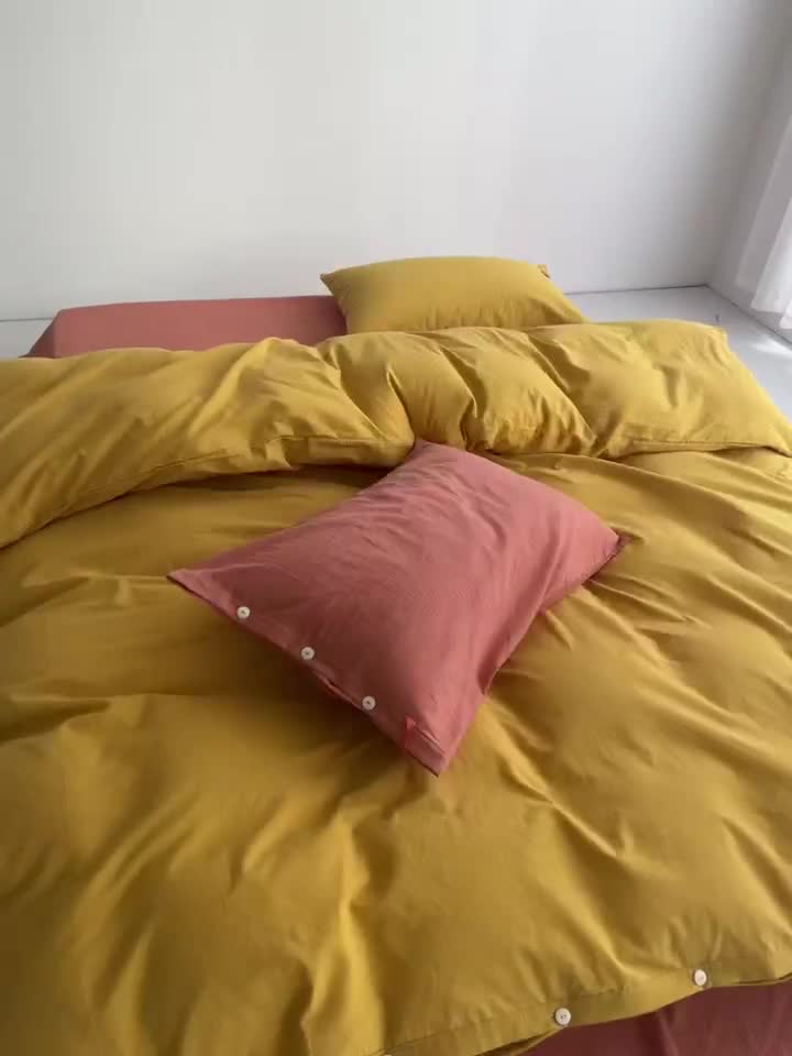 91家纺网 家纺一手货源 找家纺 水洗棉全棉高支高密纽扣款工艺混搭拼色四件套 姜黄+橘红（姜黄橘红）