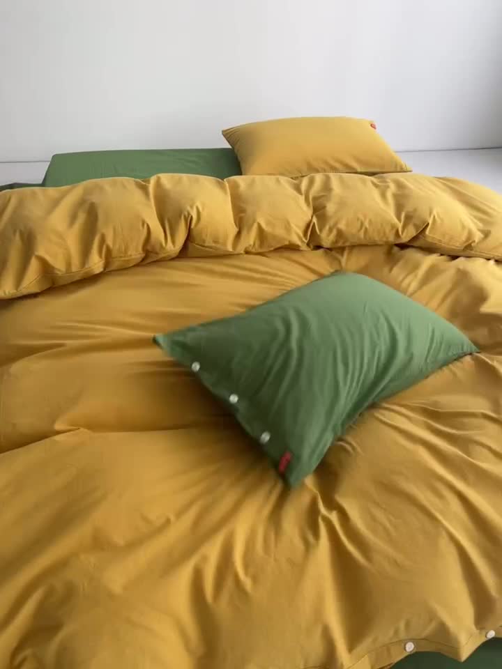 91家纺网 家纺一手货源 找家纺 水洗棉全棉纽扣款工艺混搭拼色四件套（系列一） 姜黄+军绿（姜黄军绿）