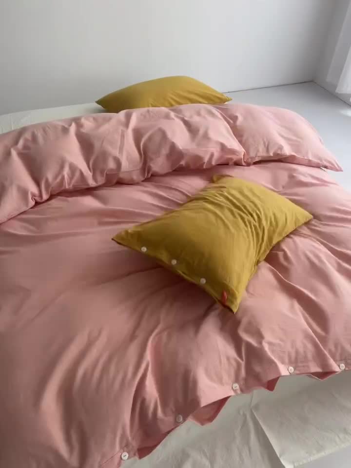 91家纺网 家纺一手货源 找家纺 水洗棉全棉纽扣款工艺混搭拼色四件套（系列一） 嫩粉+姜黄（嫩粉姜黄）