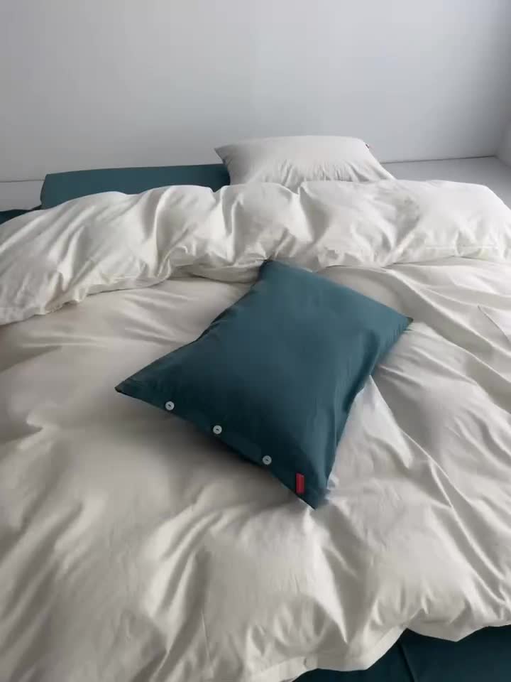 91家纺网 家纺一手货源 找家纺 水洗棉全棉纽扣款工艺混搭拼色四件套（系列一） 盐白+筠雾（盐白筠雾）