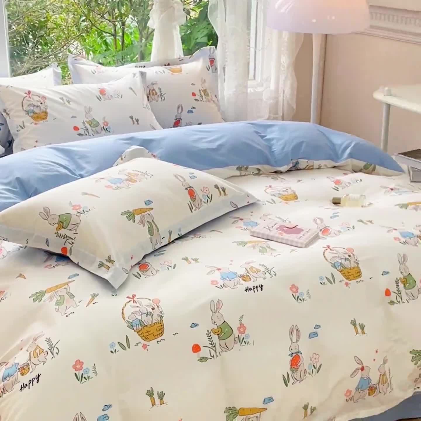 91家纺网 家纺一手货源 找家纺 金鑫汇 2023新花型上市喷气面料全棉四件套 收获满满-蓝色