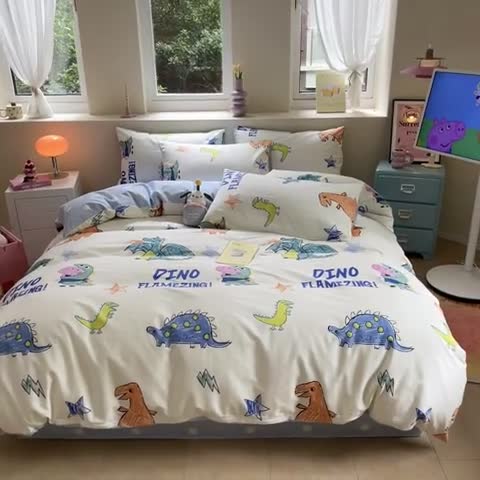 91家纺网 家纺一手货源 找家纺 金爱家 2023新款小猪佩奇正版授权纯棉印花系列四件套 小猪佩奇-恐龙佩奇