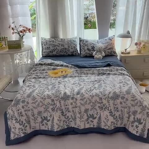 91家纺网 家纺一手货源 找家纺 慕尚家纺 2025新款A类超柔双层纱针织夏被四件套 兰花草