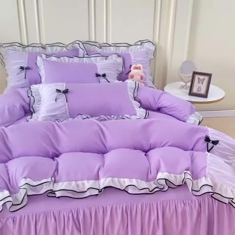 91家纺网 家纺一手货源 找家纺 乐卧 2026新款花漾褶皱网纱花边拼色黑蝴蝶款荷叶边四件套花漾-优雅紫