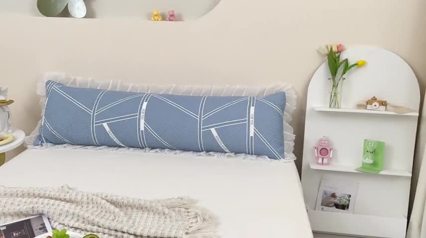 91家纺网 家纺一手货源 找家纺 梦舒羽2025新款夹棉花边双人枕套单人加厚长款枕芯套 格韵蓝