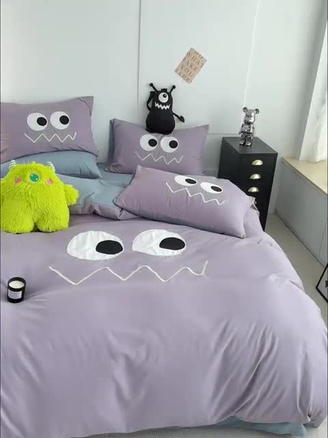 91家纺网 家纺一手货源 找家纺 曼谷 贴布绣四件套小怪兽柔软磨毛床上用品水洗棉套件 小怪兽-香芋海盐