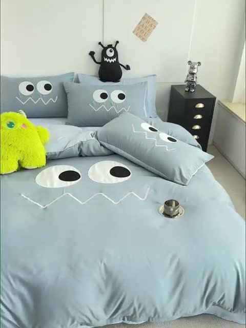 91家纺网 家纺一手货源 找家纺 曼谷 贴布绣四件套小怪兽柔软磨毛床上用品水洗棉套件 小怪兽-雾霾蓝
