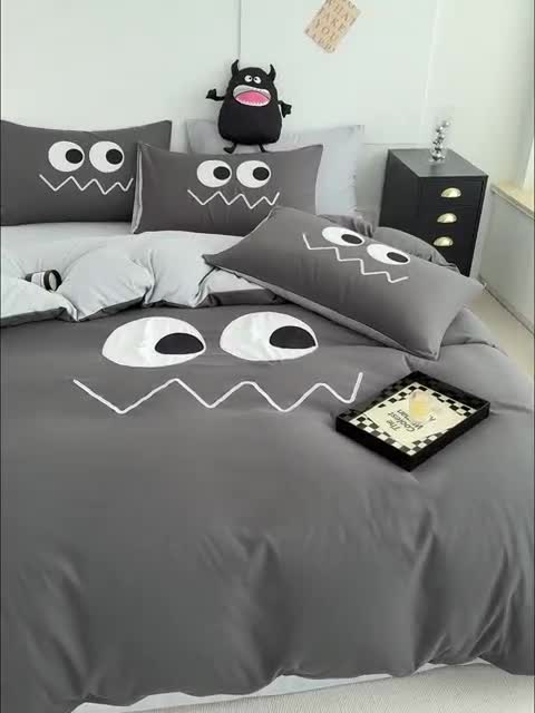 91家纺网 家纺一手货源 找家纺 曼谷 贴布绣四件套小怪兽柔软磨毛床上用品水洗棉套件 小怪兽-雾霾灰