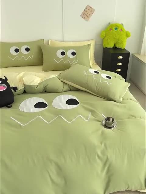 91家纺网 家纺一手货源 找家纺 曼谷 贴布绣四件套小怪兽柔软磨毛床上用品水洗棉套件 小怪兽-奶绿芝士