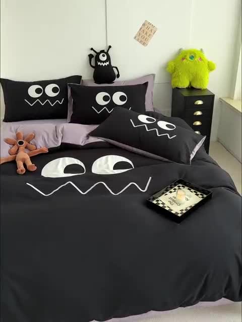 91家纺网 家纺一手货源 找家纺 曼谷 贴布绣四件套小怪兽柔软磨毛床上用品水洗棉套件 小怪兽-黑糖香芋