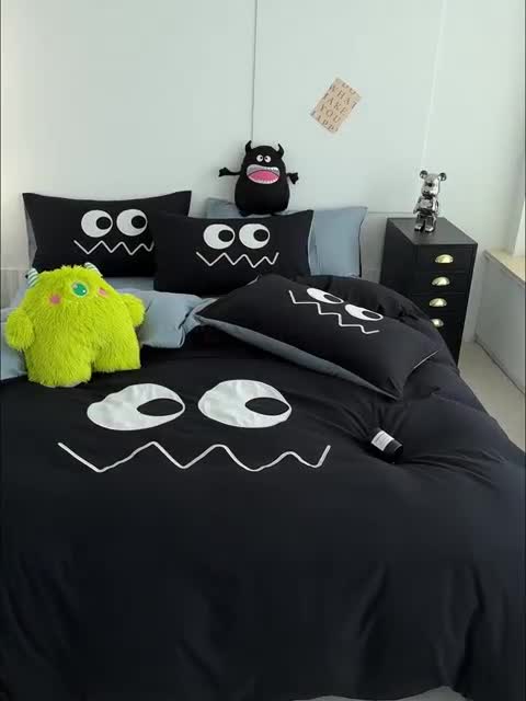 91家纺网 家纺一手货源 找家纺 曼谷 贴布绣四件套小怪兽柔软磨毛床上用品水洗棉套件 小怪兽-黑糖海盐