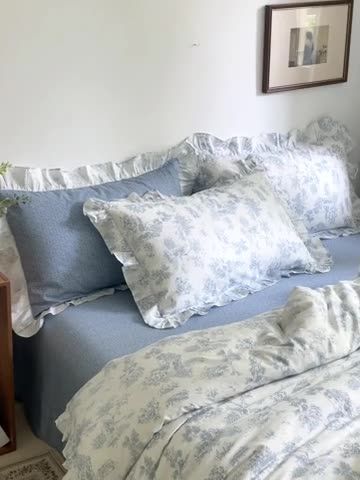 91家纺网 家纺一手货源 找家纺 棉生活 2025新款洛丽塔花边款全棉四件套 挪威风情蓝