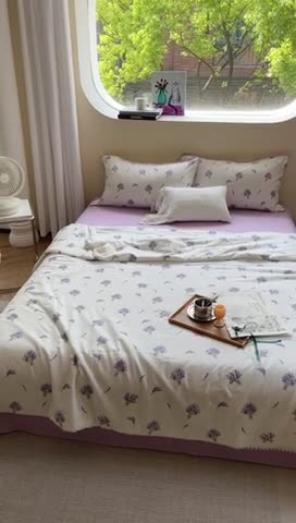 91家纺网 家纺一手货源 找家纺 柚子 2023新款全棉有氧双层纱夏被四件套 薰衣草