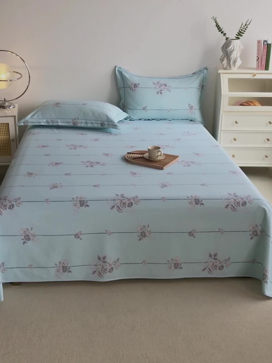 91家纺网 家纺一手货源 找家纺 首爱 2025新款原棉老粗布床单款三件套 悠然绽放—蓝