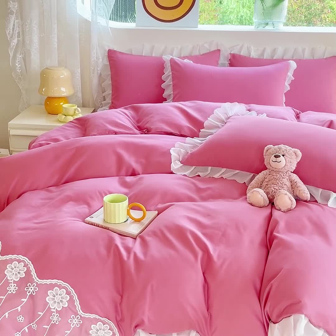 91家纺网 家纺一手货源 找家纺 金米诺 2024新款韩版花边水洗磨毛床裙四件套 豆沙