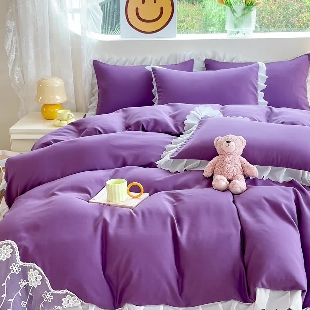 91家纺网 家纺一手货源 找家纺 金米诺 2024新款韩版花边水洗磨毛床裙四件套 紫色