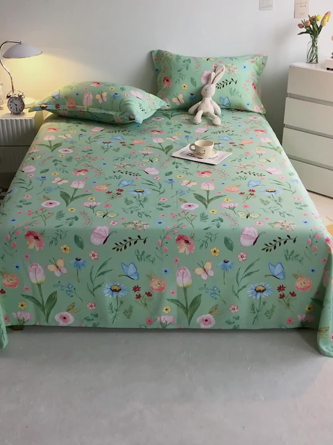 91家纺网 家纺一手货源 找家纺 棉乐町 2025新款竹纤维凉席三件套 繁花似锦-绿