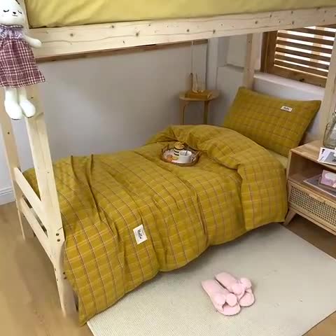 91家纺网 家纺一手货源 找家纺 柠萌 2025新款A类全棉色织水洗棉学生宿舍上下铺全棉三件套 姜黄格