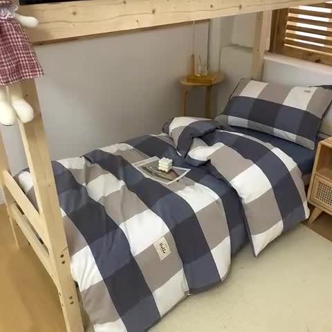 91家纺网 家纺一手货源 找家纺 柠萌 2025新款A类全棉色织水洗棉学生宿舍上下铺全棉三件套 蓝大格